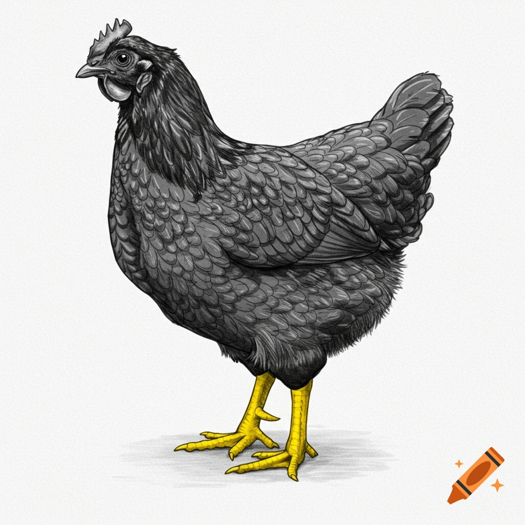 Pencil drawing of a grey chicken with yellow legs standing on a white background.
