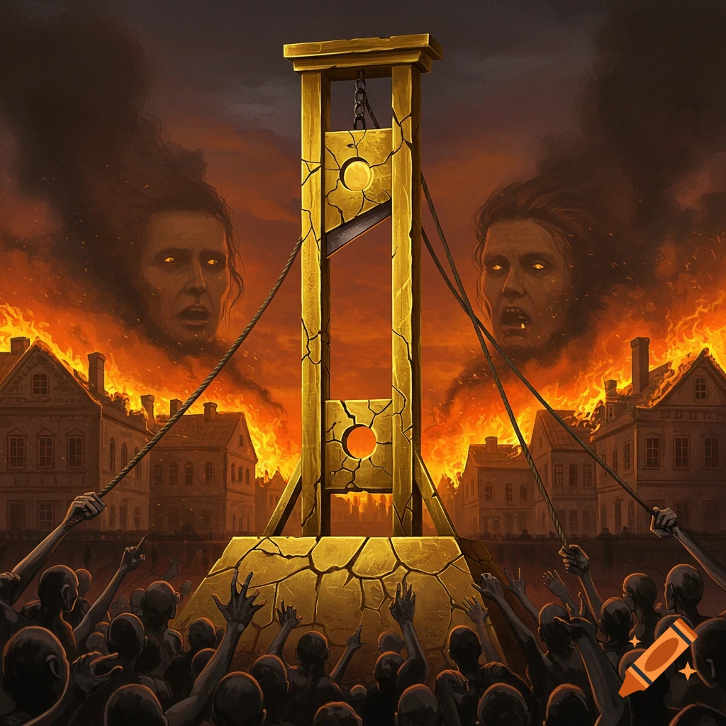 Golden guillotine stands before burning city, shadowed crowd below, faces in smoke above.