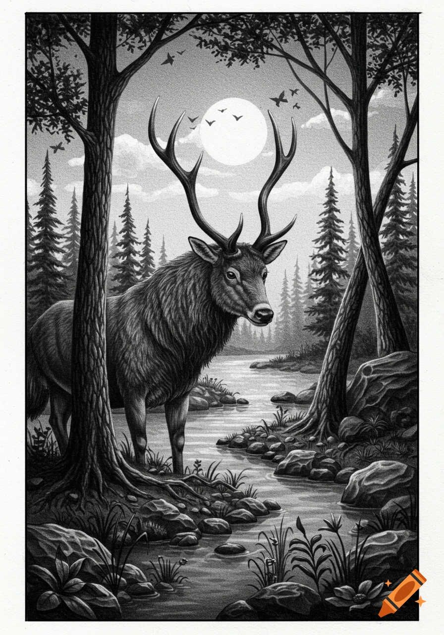 Black and white drawing of a deer standing by a river in a forest under a full moon with birds flying.