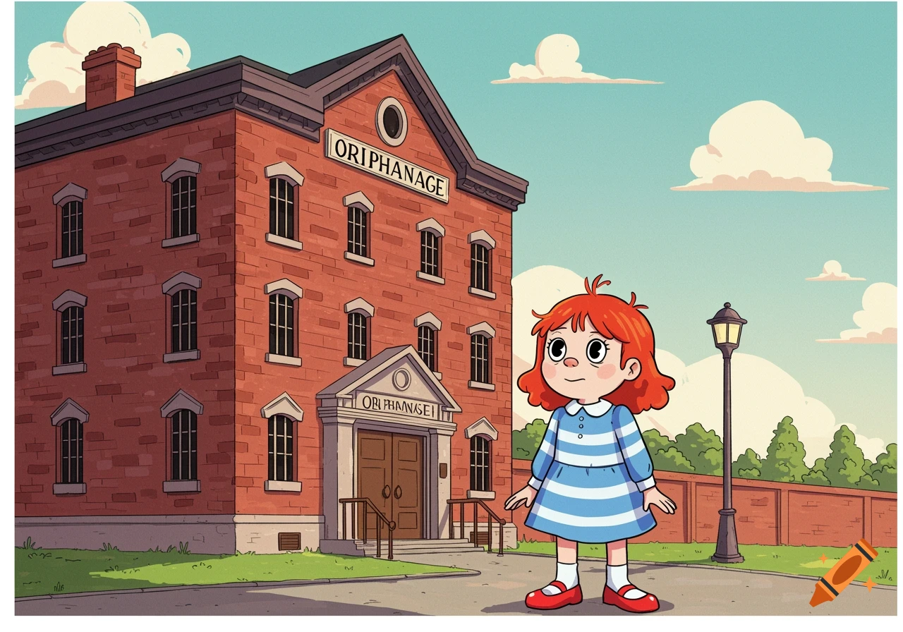 Cartoon girl with red hair stands in front of a red brick orphanage building.