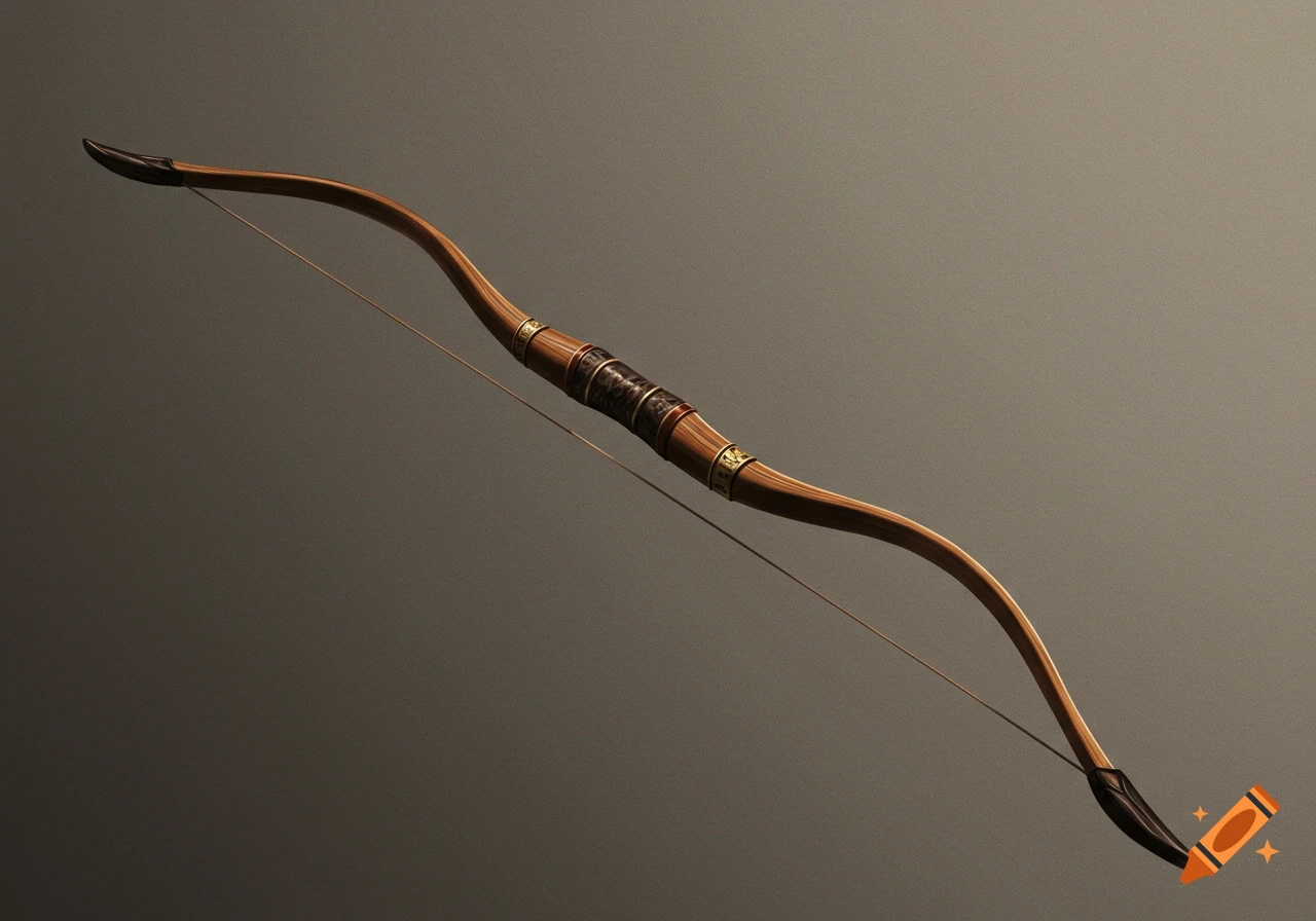 A detailed close-up shot of a wooden bow with an elaborate leather grip.