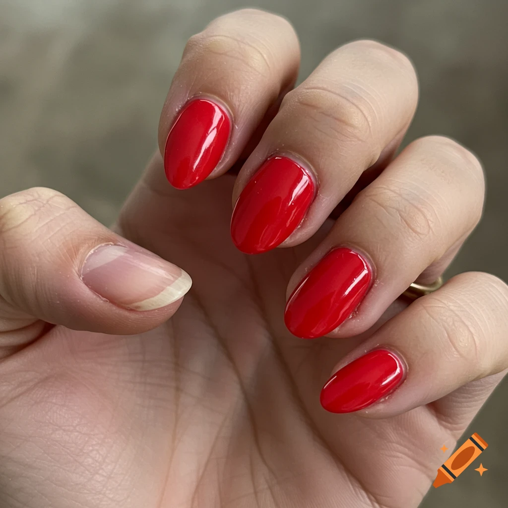 Close-up of hand with red almond-shaped nails and one bare nail.