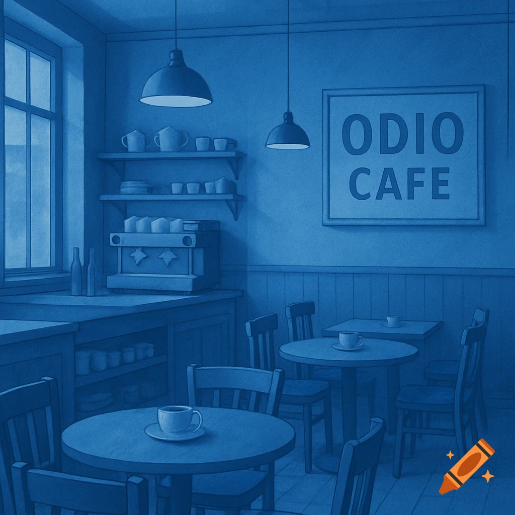 Blue-toned illustration of a cafe interior with tables, chairs, an espresso machine, and an 'Odio Cafe' sign.