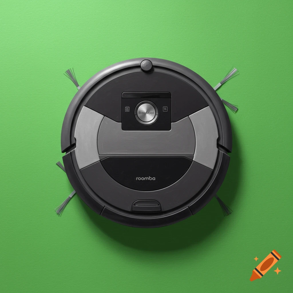 A black and gray Roomba vacuum cleaner on a solid green background, seen from above.
