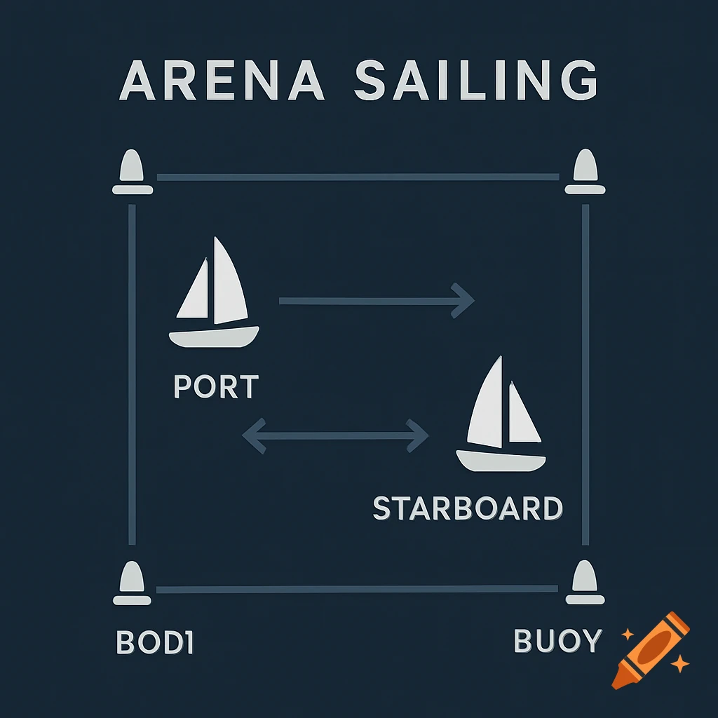 Diagram of arena sailing layout with sailboats labeled 'Port' and 'Starboard' and buoys.