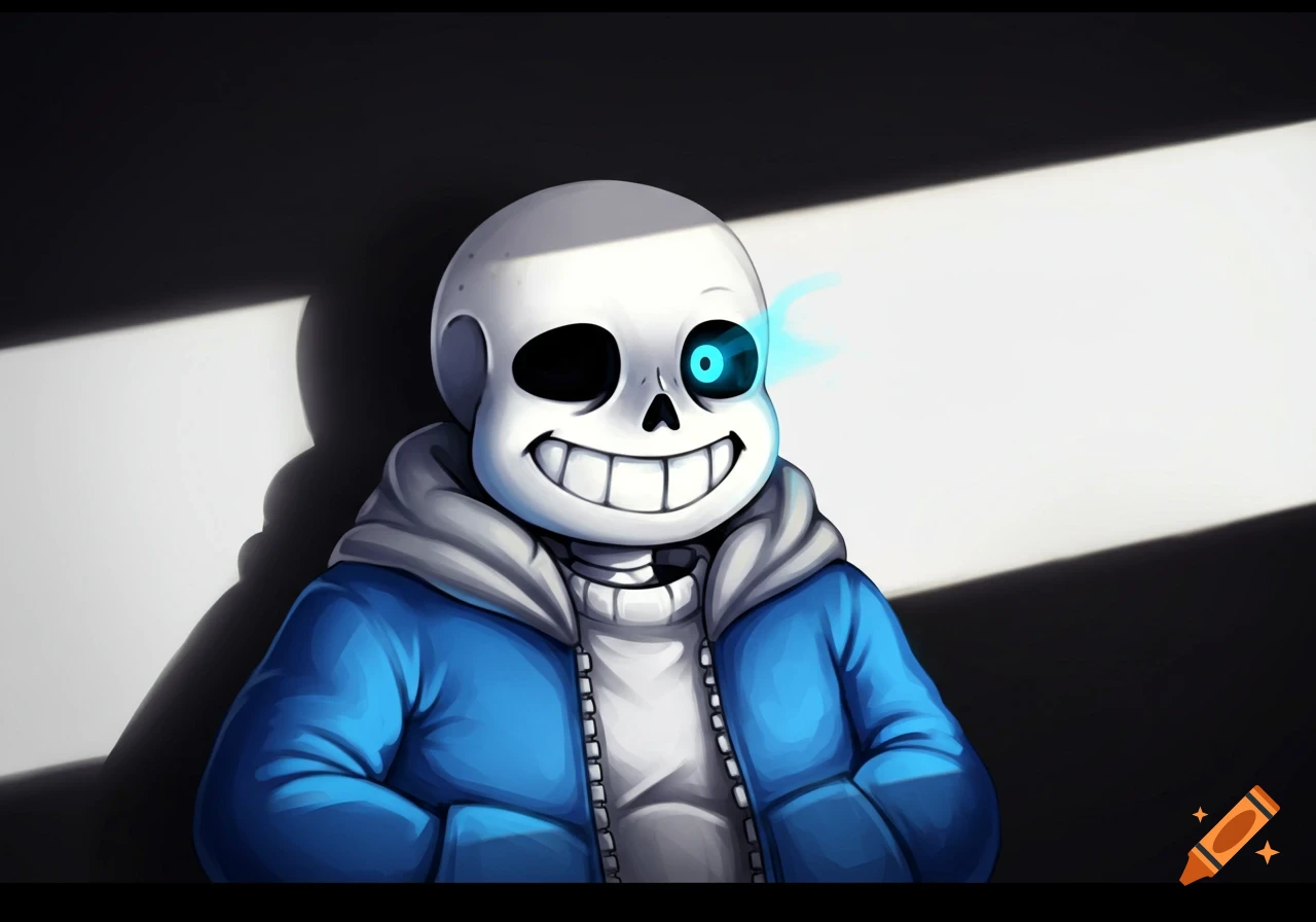 A stylized illustration of the skeleton character Sans from Undertale wearing a blue jacket and smiling, with one eye glowing blue in a shadowed room.