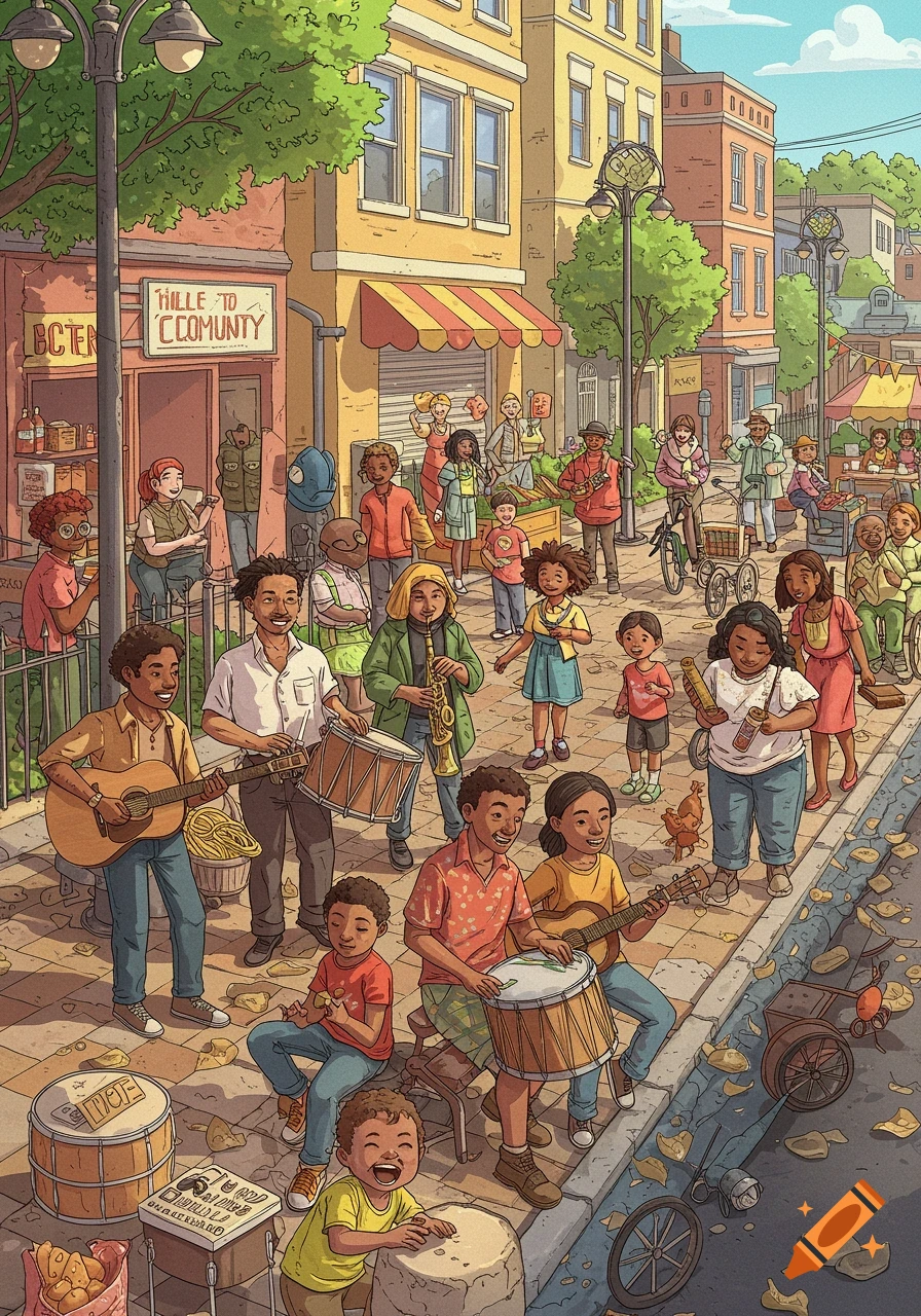 People gather on a street for music and community celebration, sunny day.