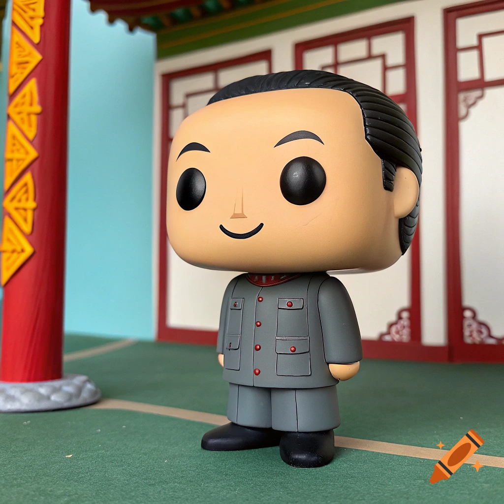 A Funko Pop style figure of Mao Zedong in a gray suit stands against a background resembling traditional Chinese architecture.