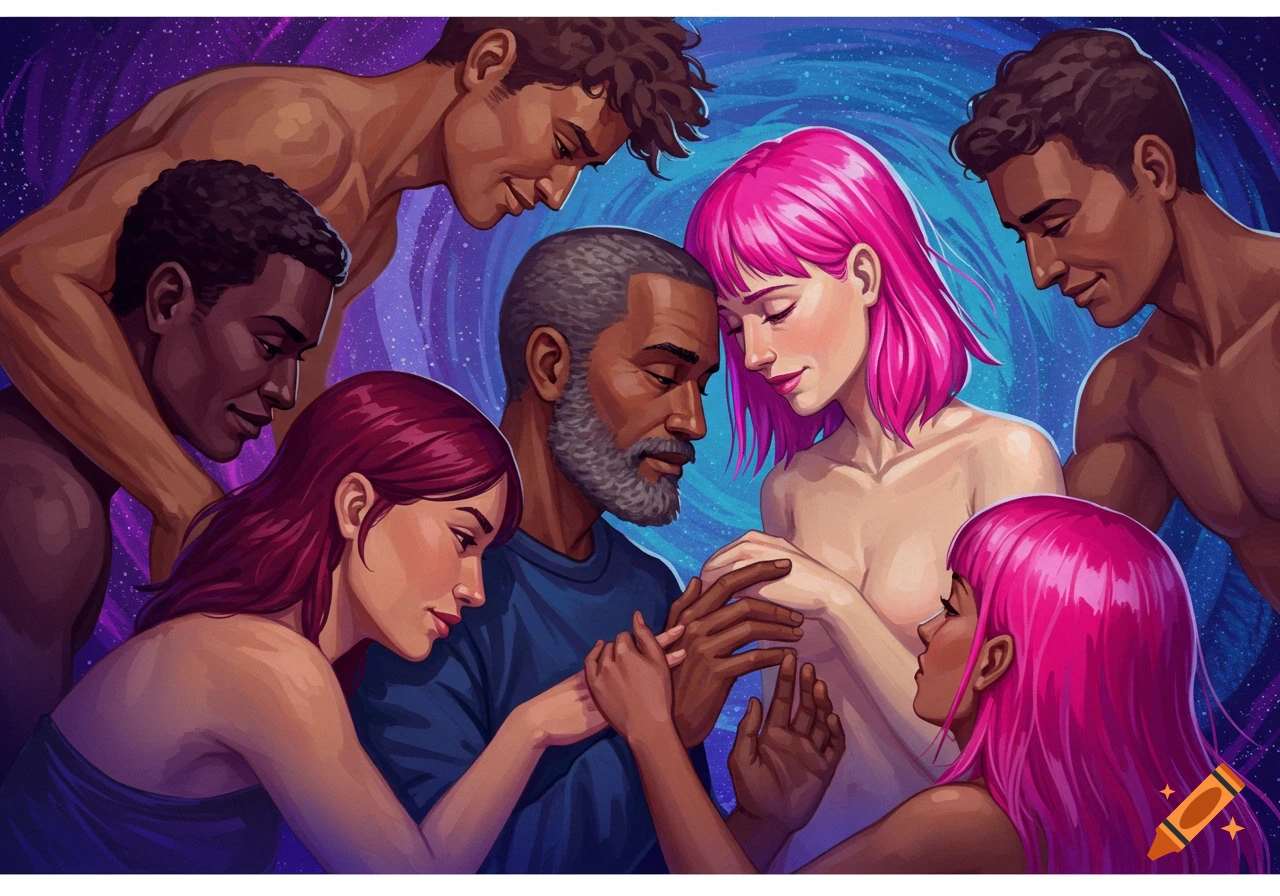 A group of diverse people holding hands, some partially unclothed, against a swirling starry background.