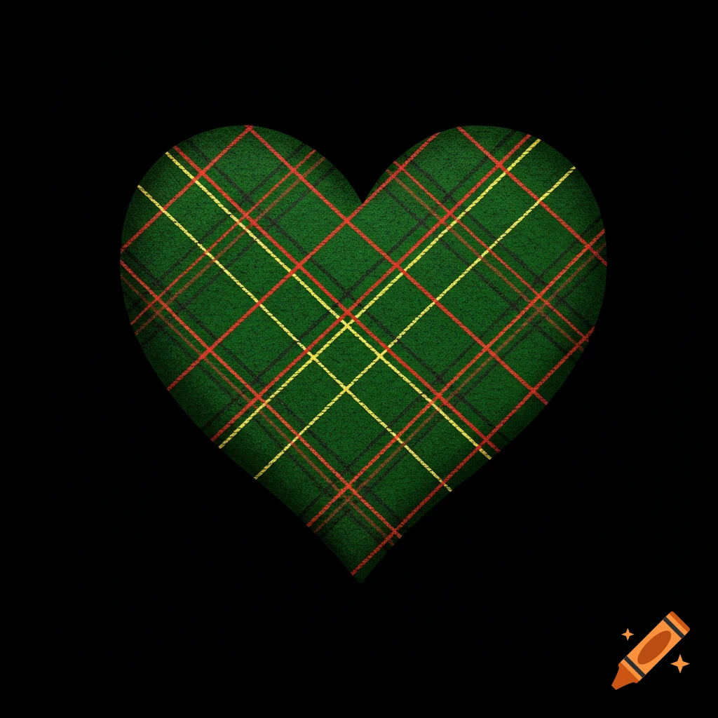 A heart shape filled with green tartan pattern on a black background.