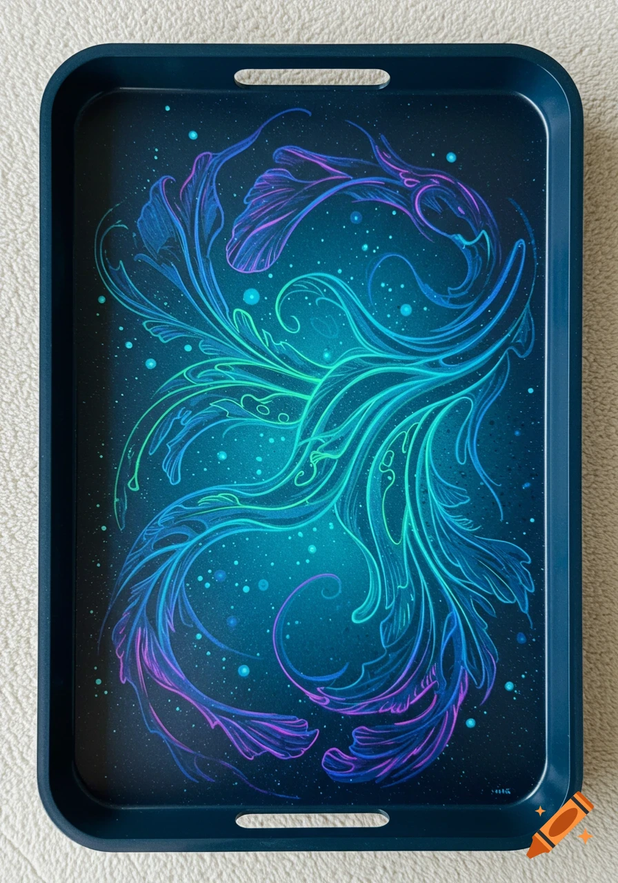 Rectangular tray with a glowing blue and purple bioluminescent design
