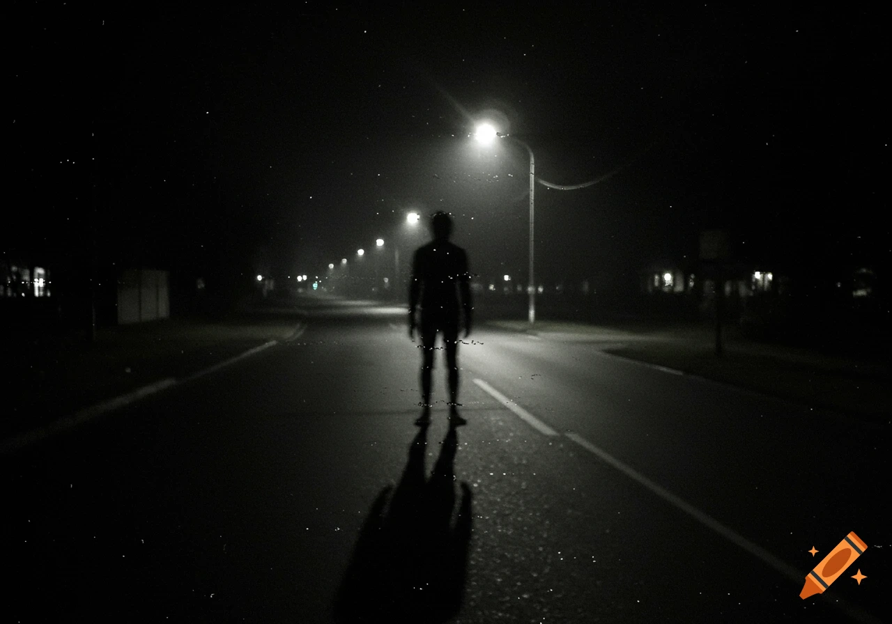 Silhouetted figure standing on a dark road at night under a street light in grainy black and white.