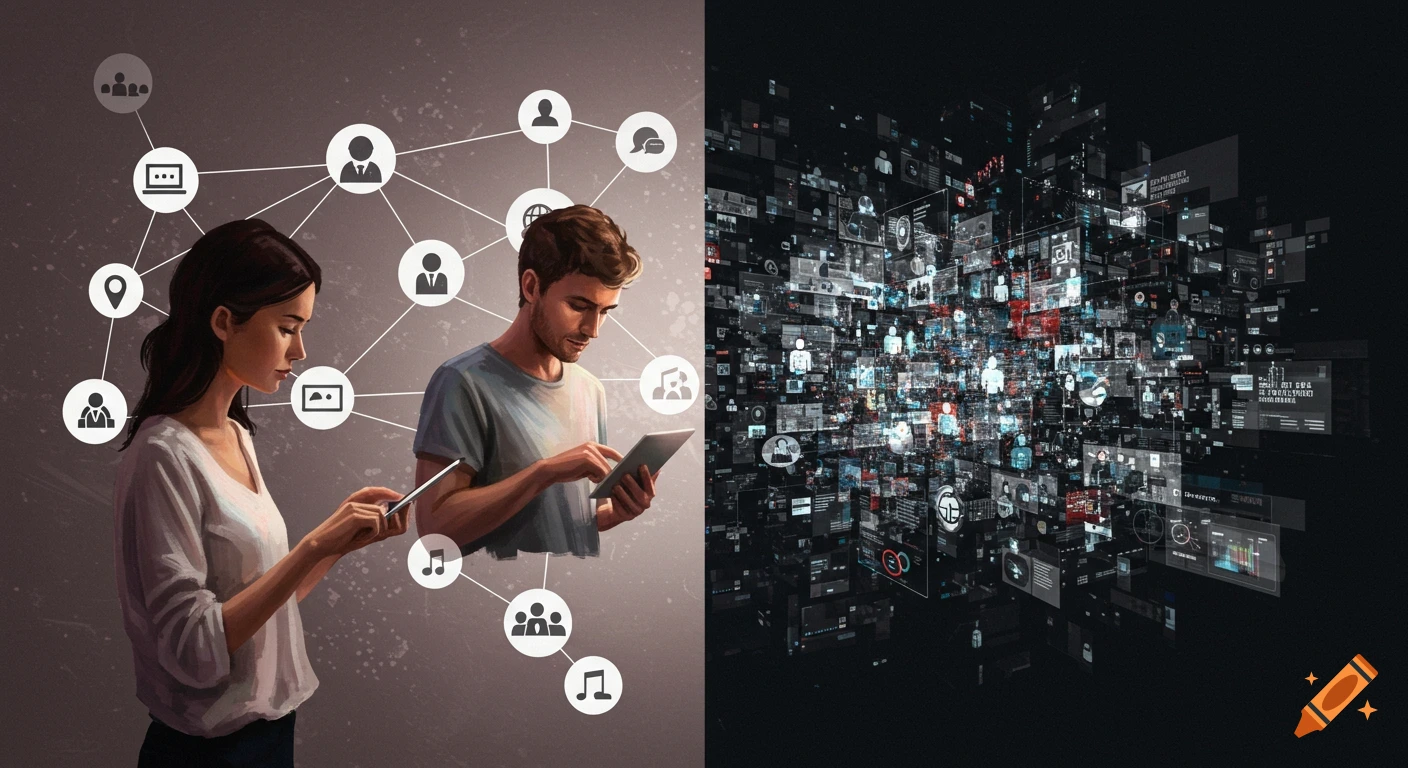 Two people with devices connected by network lines, next to a chaotic display of data screens.