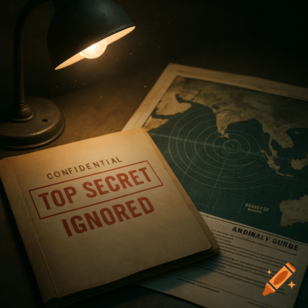 A dimly lit desk with a document stamped "TOP SECRET IGNORED", a map, and a lamp, giving a conspiratorial feel.