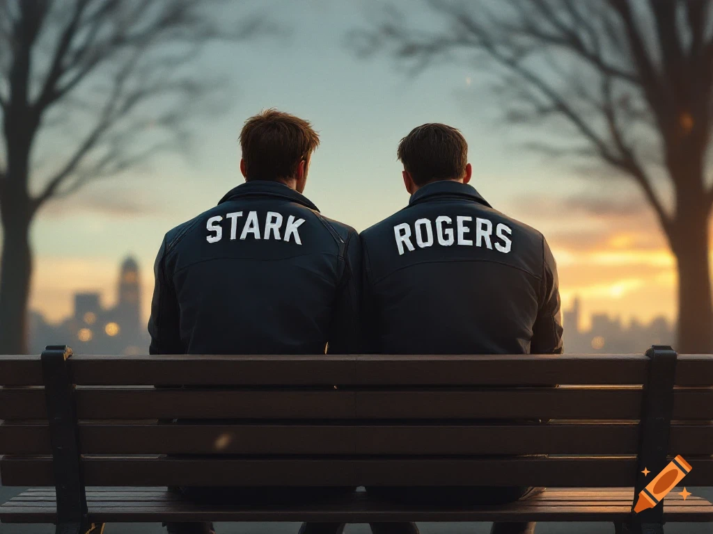 Stark and Rogers sit on a park bench looking at a city skyline at sunset