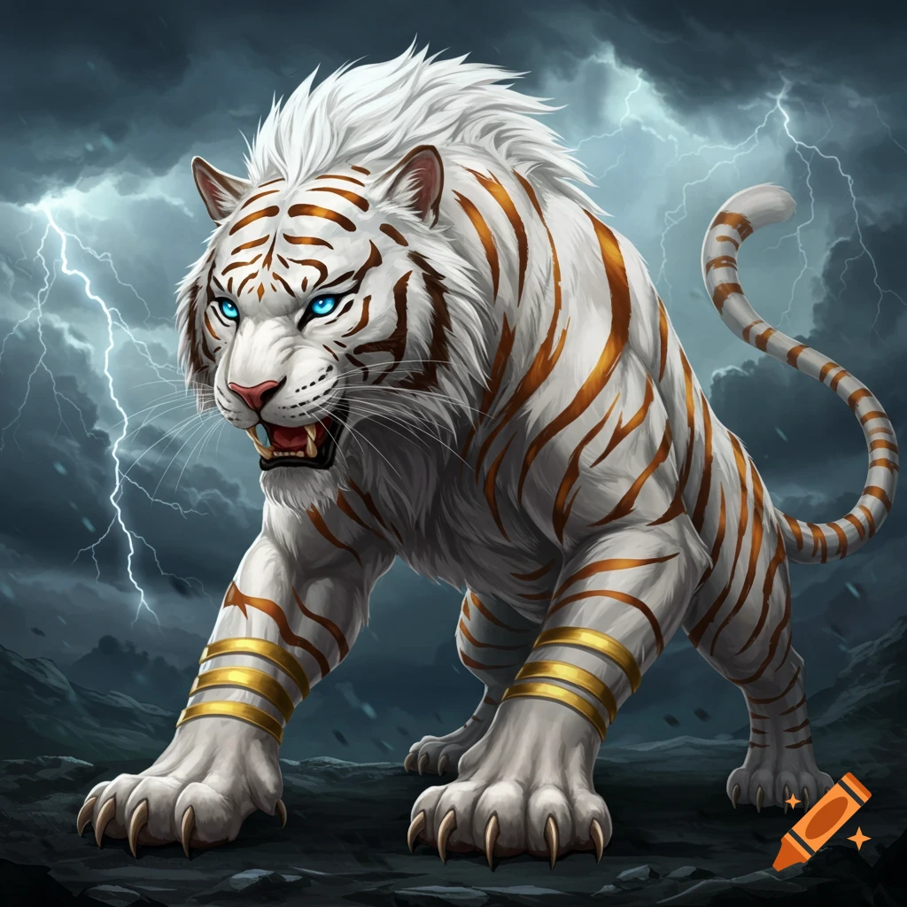 A fantasy illustration of a white tiger with golden stripes and blue eyes standing in a lightning storm.