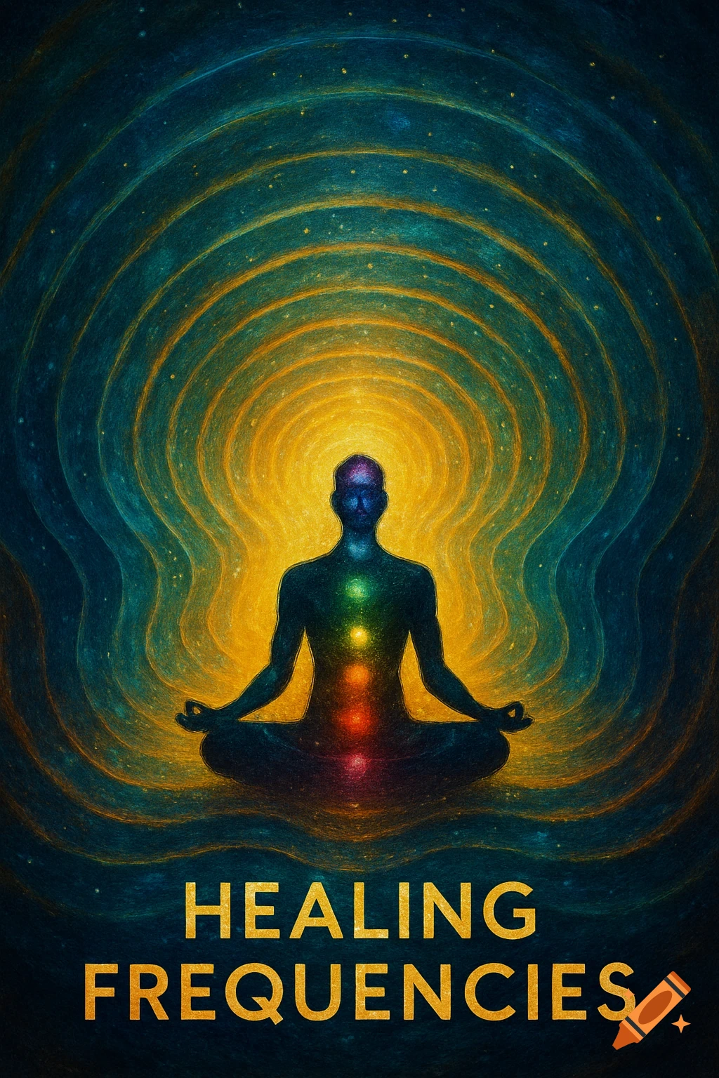 Silhouette meditating with glowing chakras in a vibrant, textured tunnel of light, with text 'HEALING FREQUENCIES'
