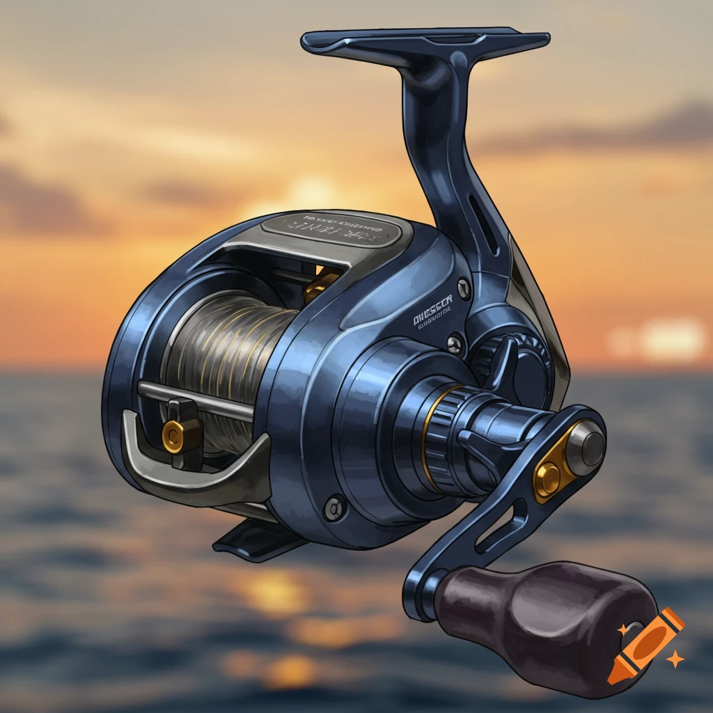 A detailed blue fishing reel sits against a blurry ocean sunset background.