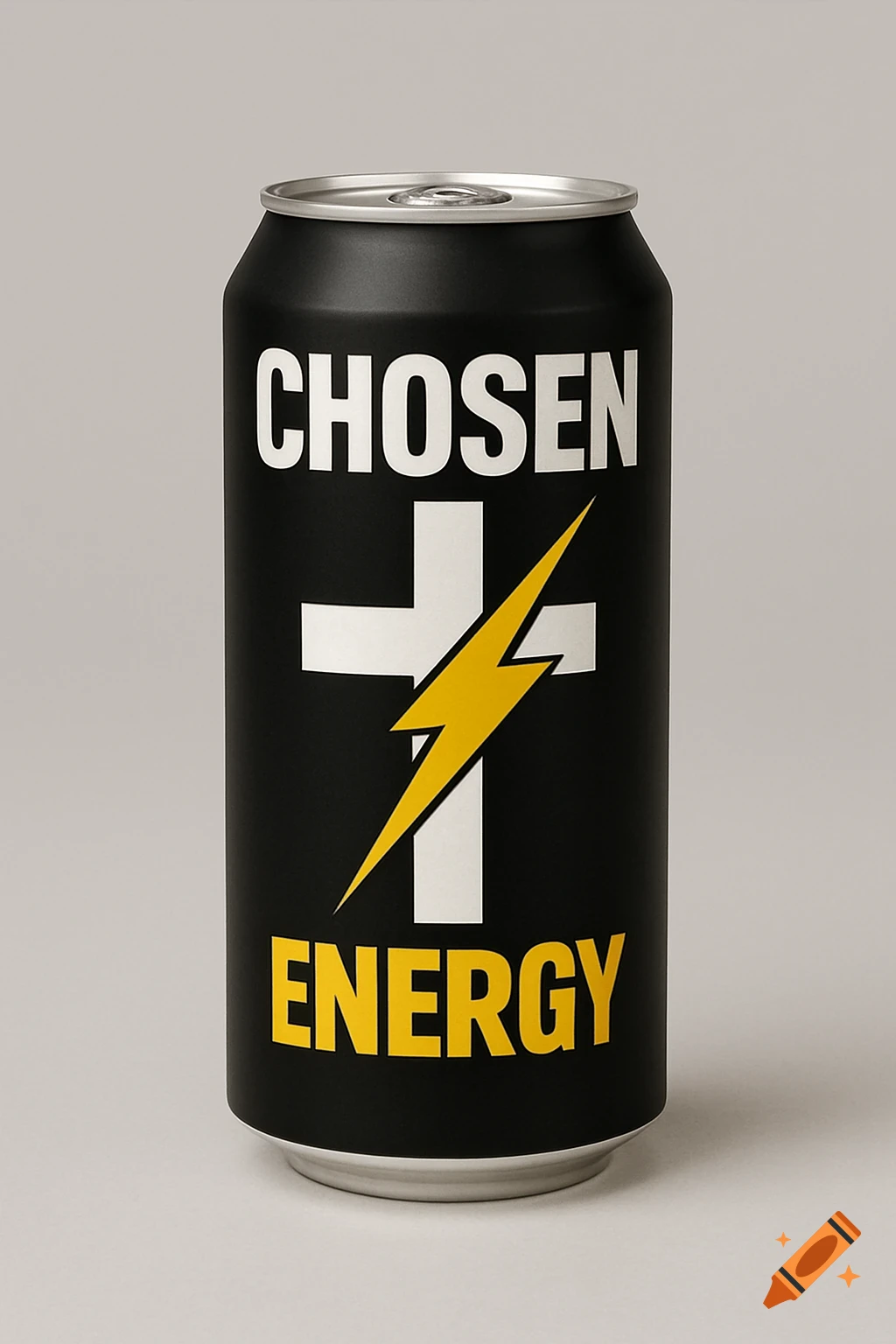 A black energy drink can with a white cross and yellow lightning bolt logo. The text "CHOSEN ENERGY" is visible.