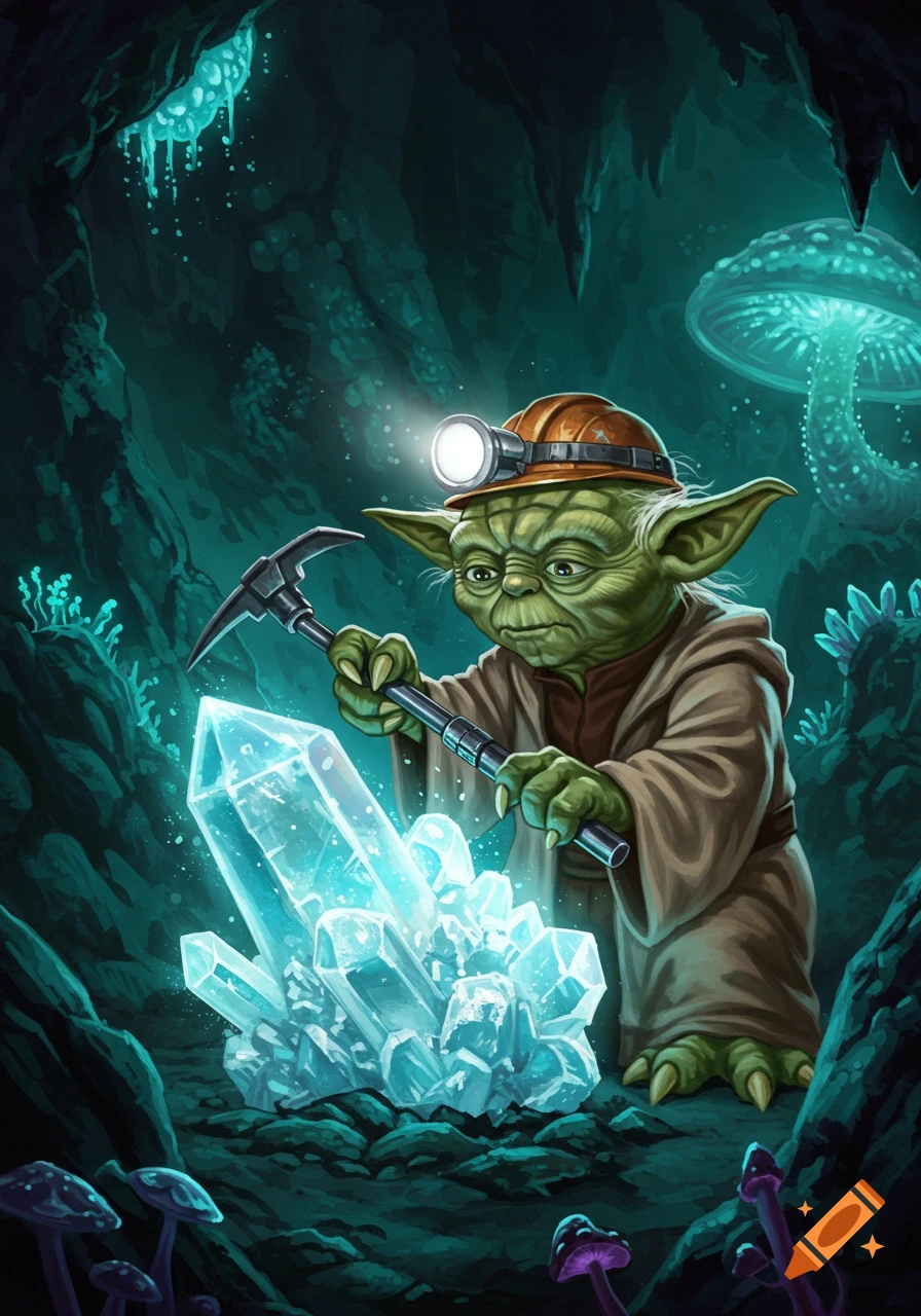 Yoda in a cave mining glowing crystals with a pickaxe while wearing a headlamp.