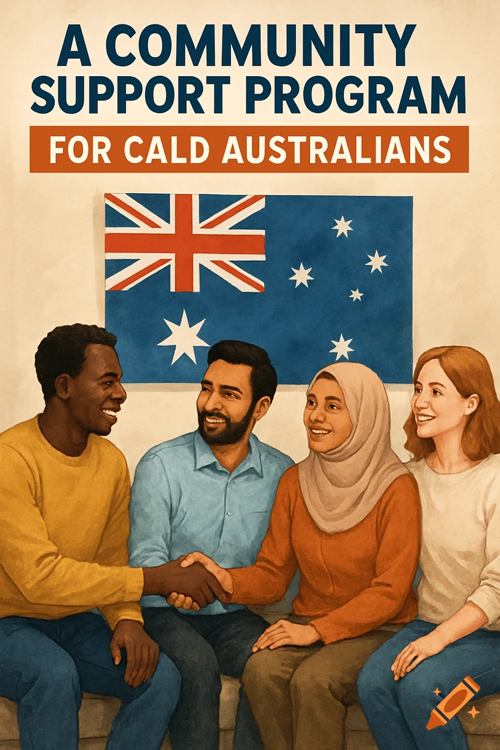 Diverse people shaking hands in front of an Australian flag with text overlay.