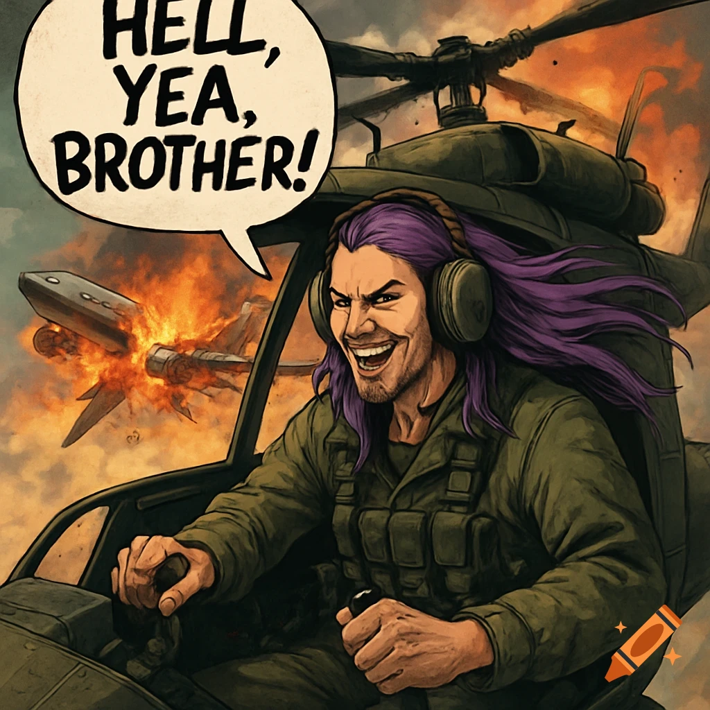 Purple-haired pilot grins in a helicopter as a plane explodes behind him, comic book style.