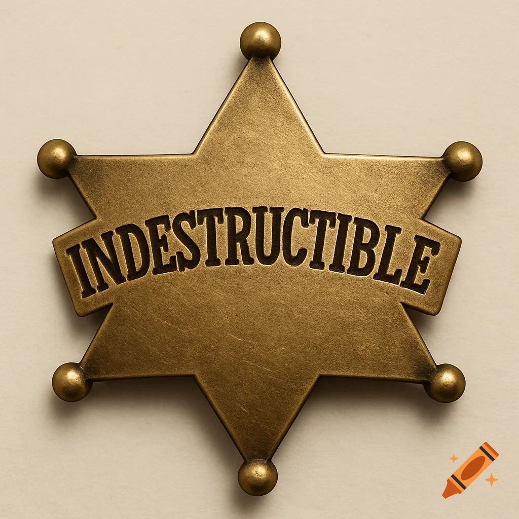 A close-up of a gold sheriff's badge with the word INDESTRUCTIBLE across it.