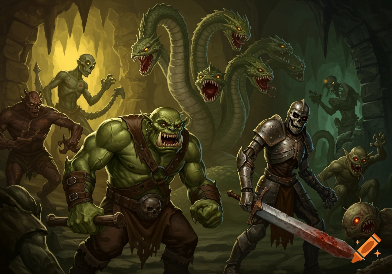 Fantasy monsters battle in a dark dungeon, digital painting.
