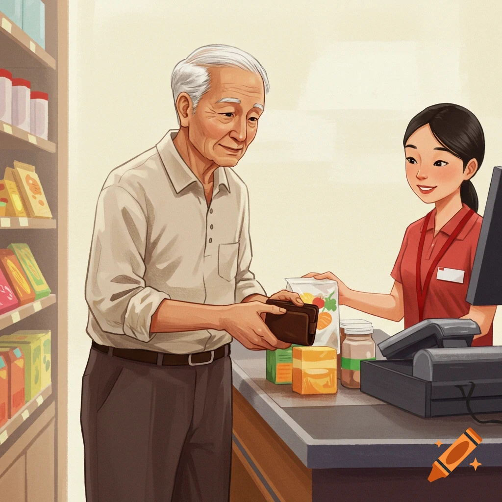 Illustration of an elderly man paying for groceries at a store register with a cashier.
