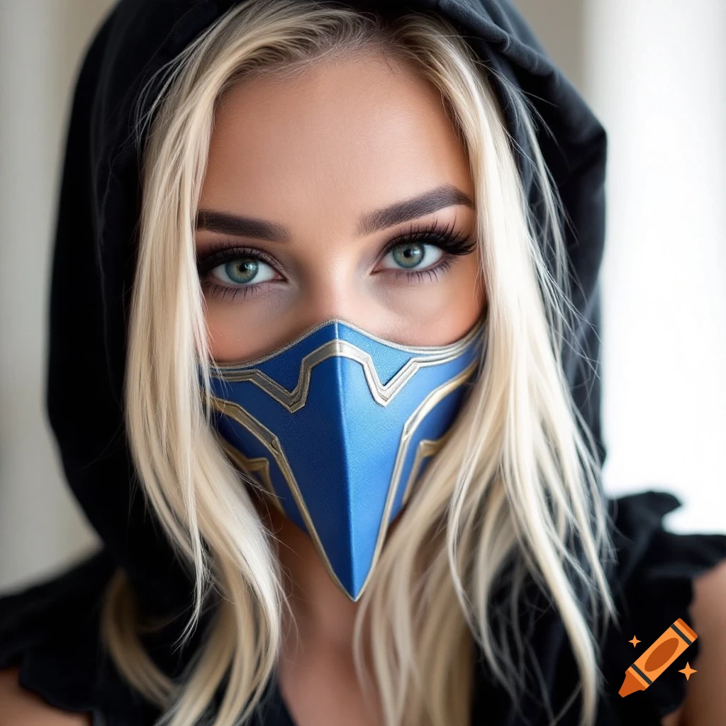 Close-up of a woman in a black hood and blue and gold face mask, photorealistic style.