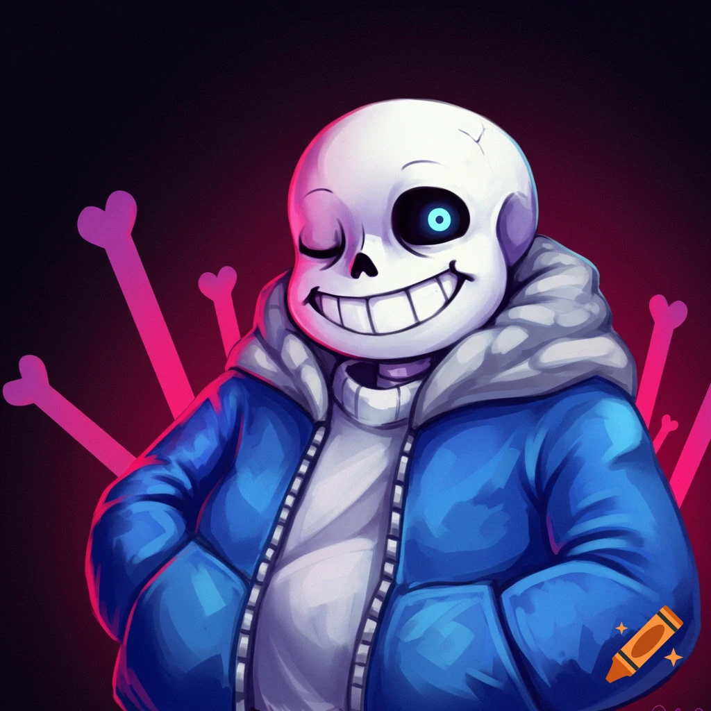 Illustration of Sans from Undertale winking in a blue hoodie with glowing pink bones in the background.
