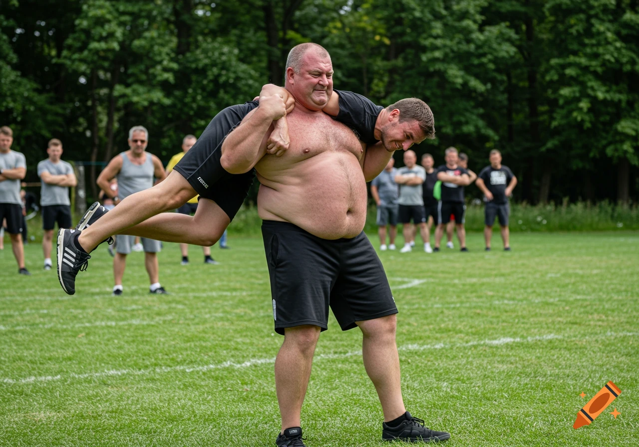 A large strongman carries a smaller man across his shoulders on a grassy field during a strength competition.