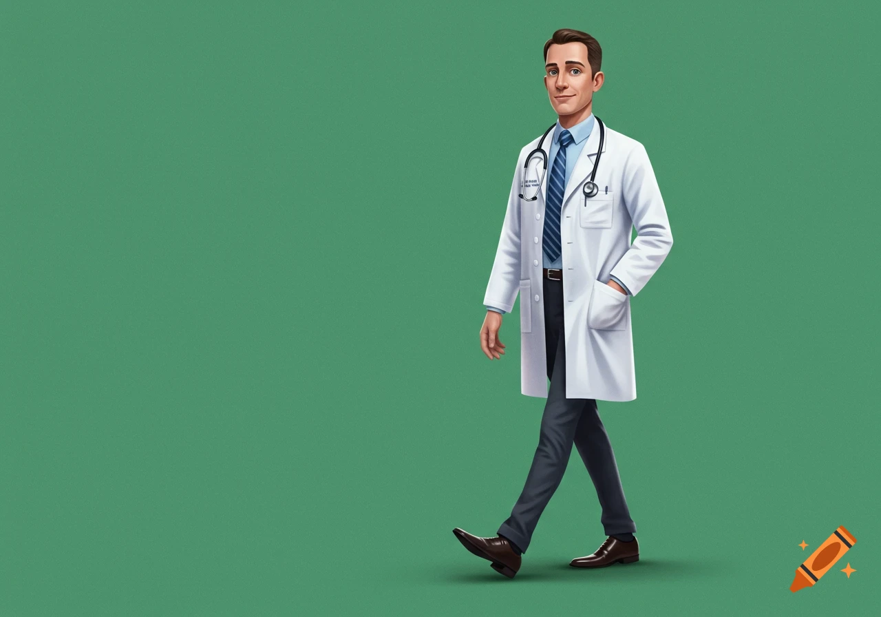 A male doctor in a white coat and stethoscope walks confidently.