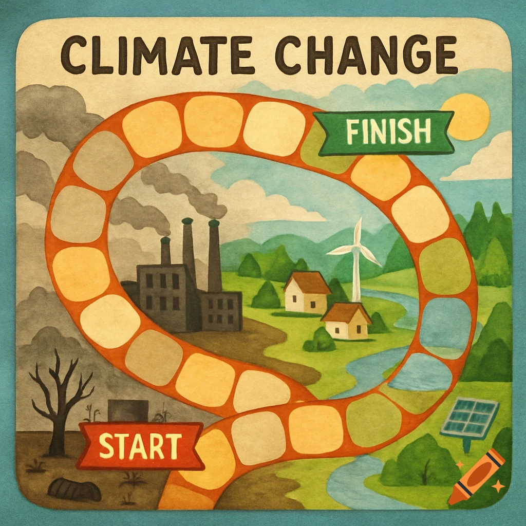 Watercolor illustration of a Climate Change board game map, showing a path from a smoky factory to a clean landscape with wind turbines and solar panels.