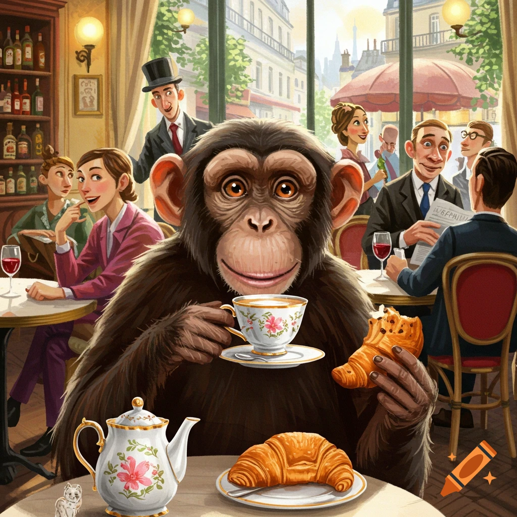 Illustration of a monkey drinking tea and eating a croissant in a cafe filled with people.