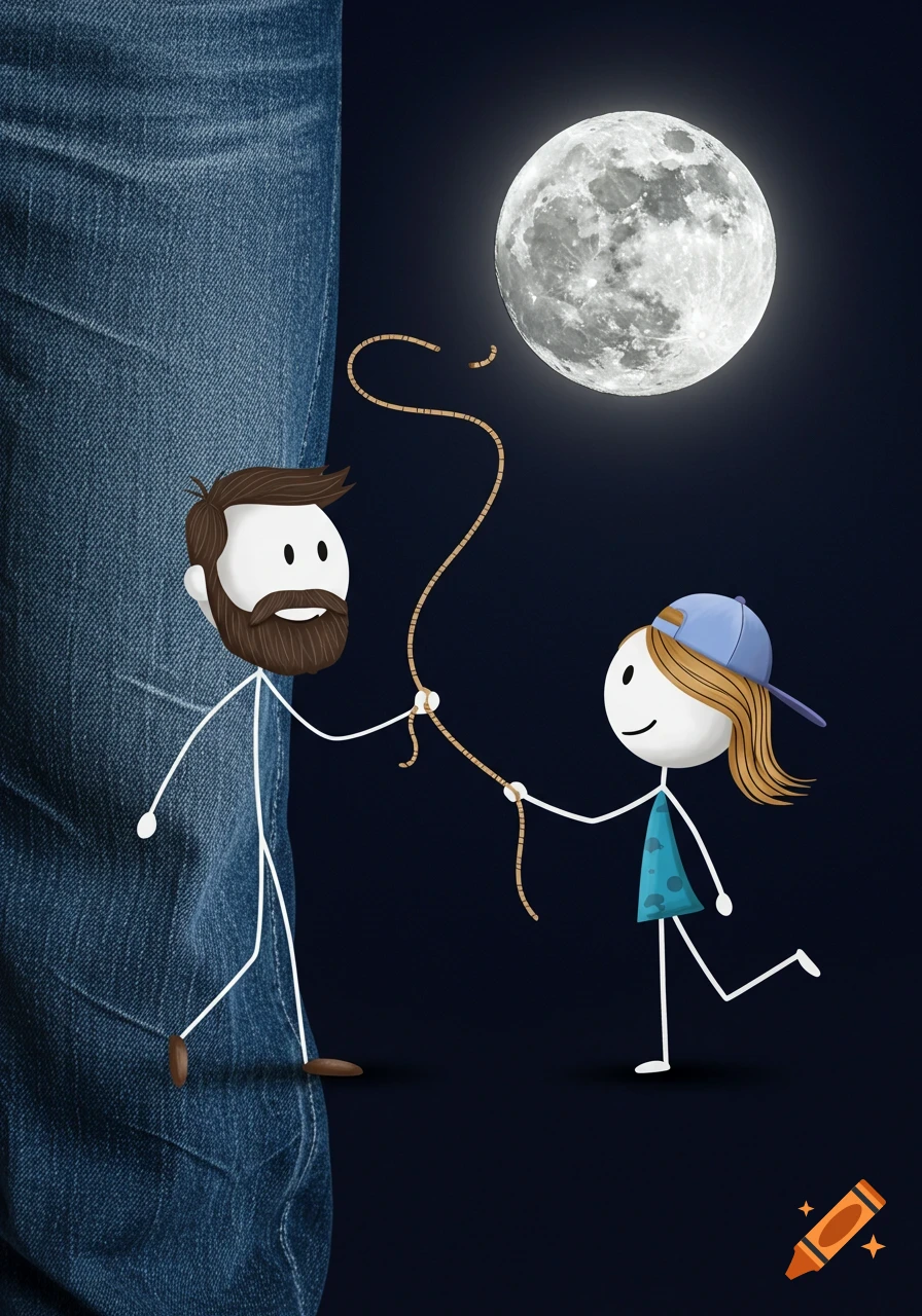 Illustration of stick figures of a man and woman holding a rope connected to the moon.
