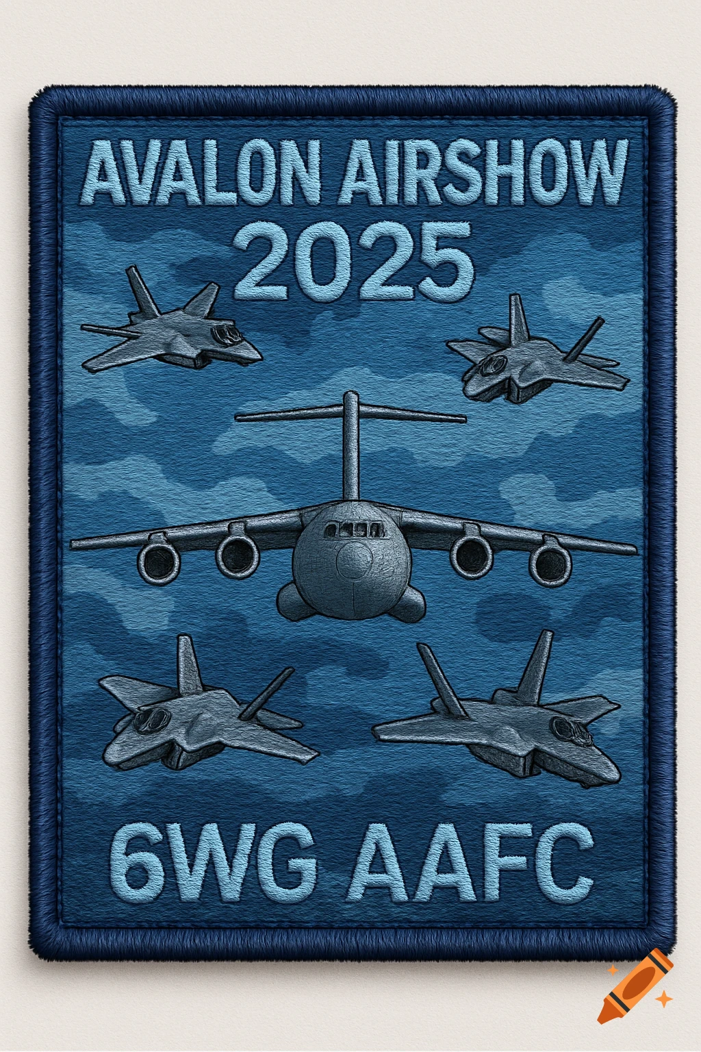 A military patch for the Avalon Airshow 2025 featuring fighter jets and a transport plane over a camouflage background.