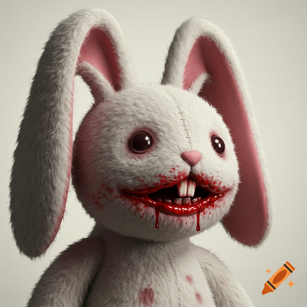 A stuffed white bunny plush with blood dripping from its mouth and splattered on its fur.