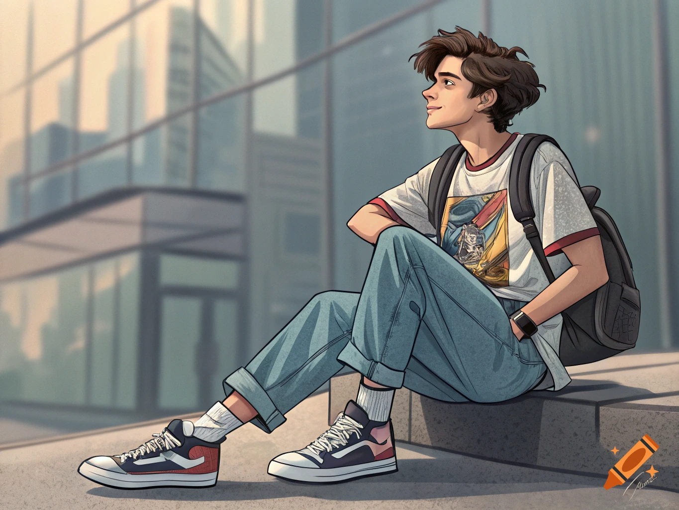 Anime illustration of a teenager with a backpack sitting on steps outside a modern building.