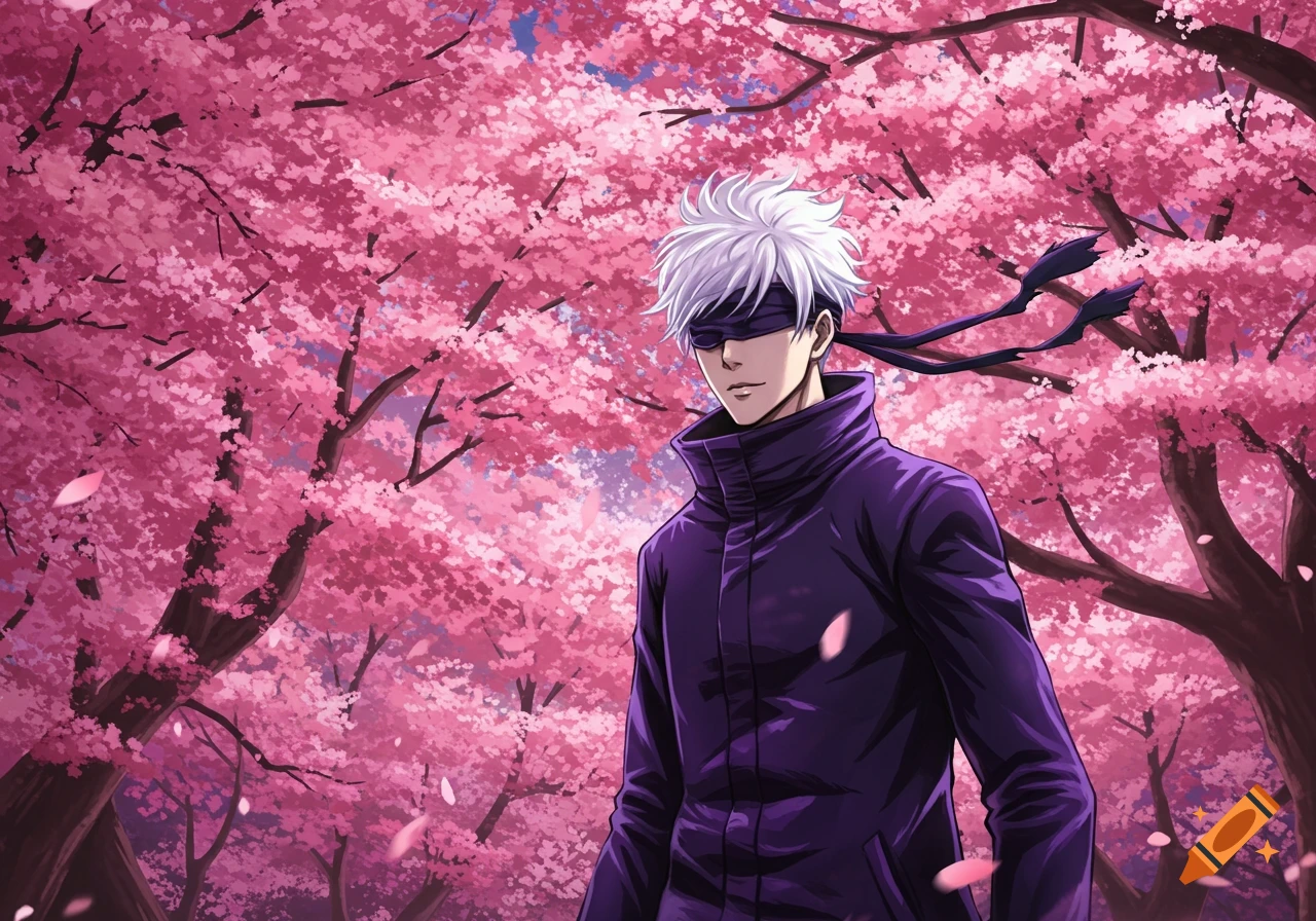 Anime illustration of Gojo standing in a cherry blossom forest.