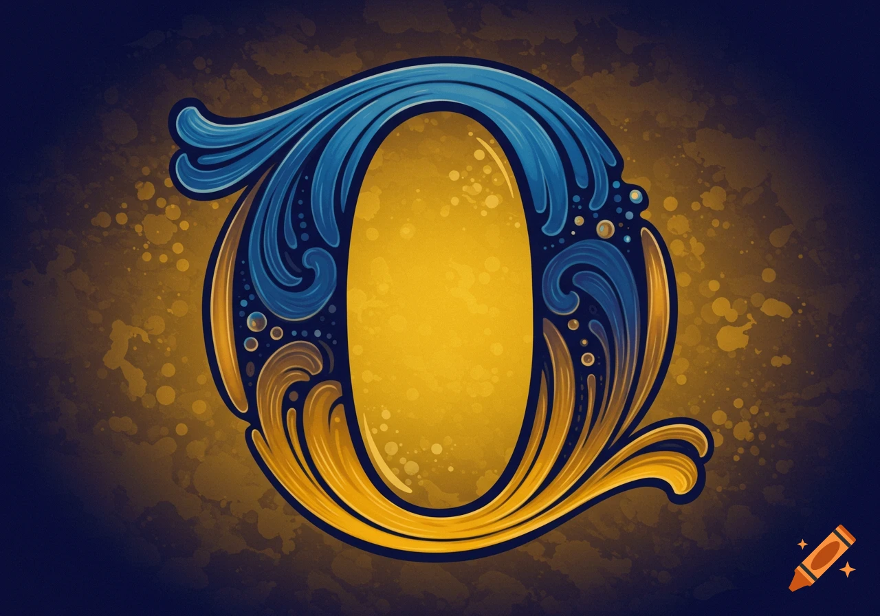 An ornate letter O in blue and yellow with decorative flourishes on a dark background.