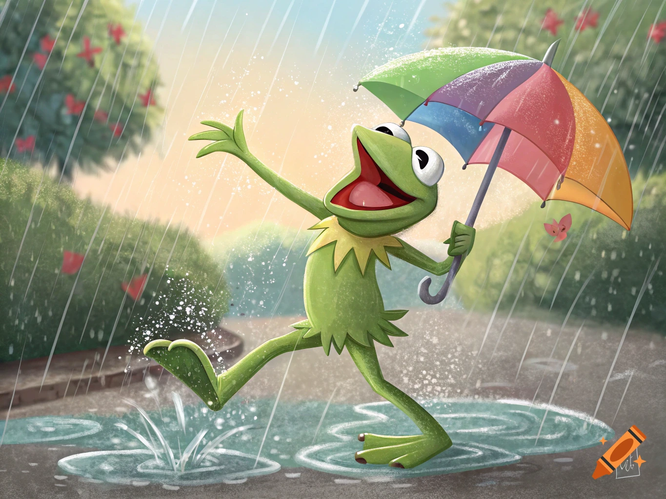 Kermit the Frog jumps and dances in the rain with a rainbow umbrella.