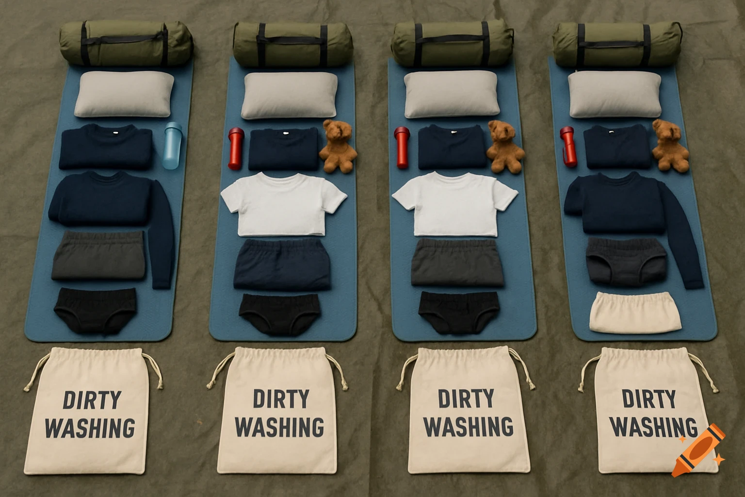 Four flat lay inspections of camping gear including sleeping mats, pillows, clothing, and dirty washing bags.