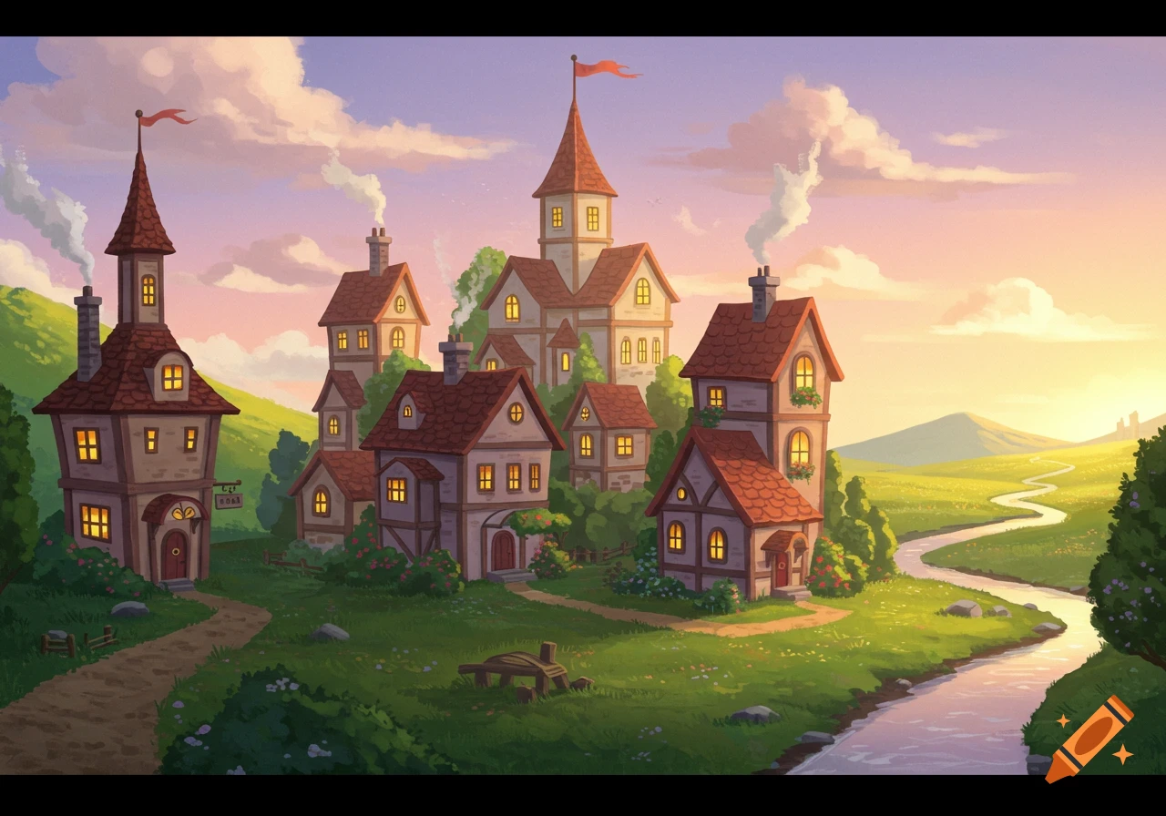 A cartoon-style illustration of a cozy village nestled in a green valley at sunset with a winding river.