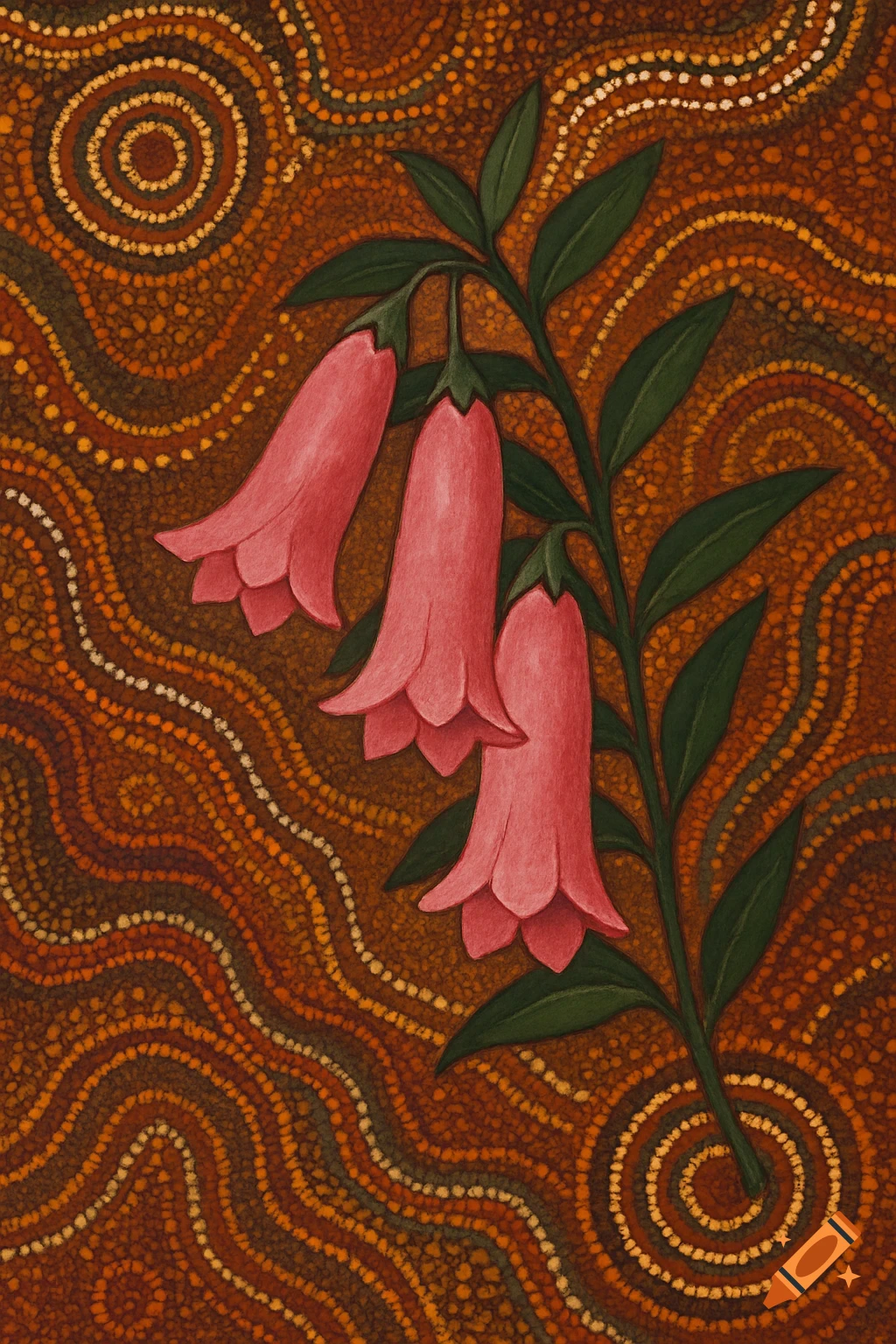 Pink bell flowers against a background of Australian Indigenous dot painting in earth tones.