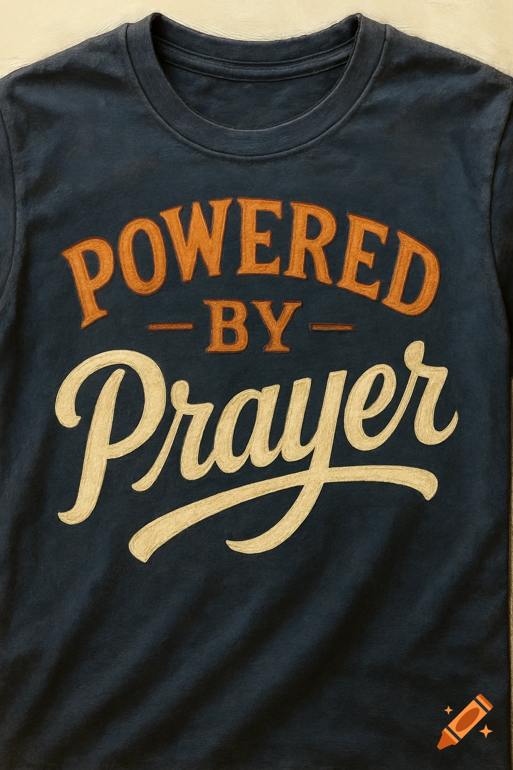 Close-up photo of a dark blue t-shirt with the words 'Powered by Prayer' in orange and cream text.