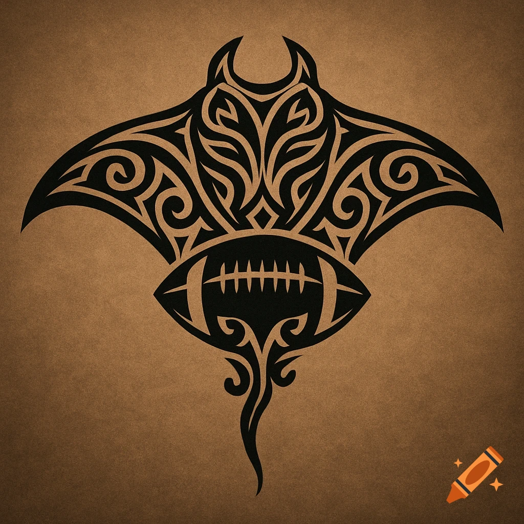 Black tribal design of a manta ray with an American football on a brown textured background.