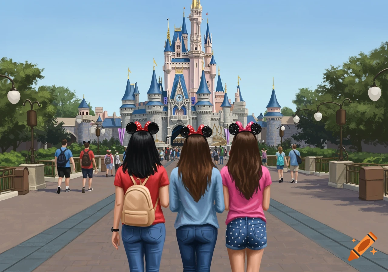 Three people wearing mouse ears walk towards a large castle at a theme park, seen from behind.