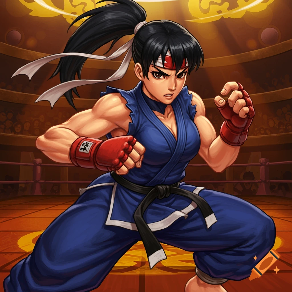 Female martial artist in a blue gi in a fighting pose in an arena, anime style.