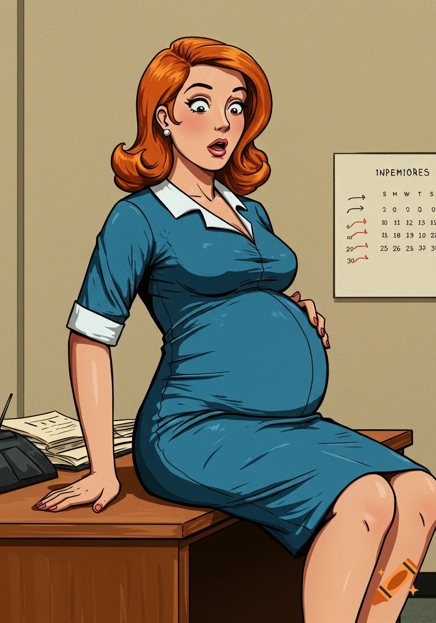 Retro pinup illustration of pregnant woman sitting on desk in office